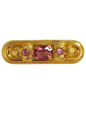 Czech Gold Tone Pink Rhinestone Leaf Bar Pin K969